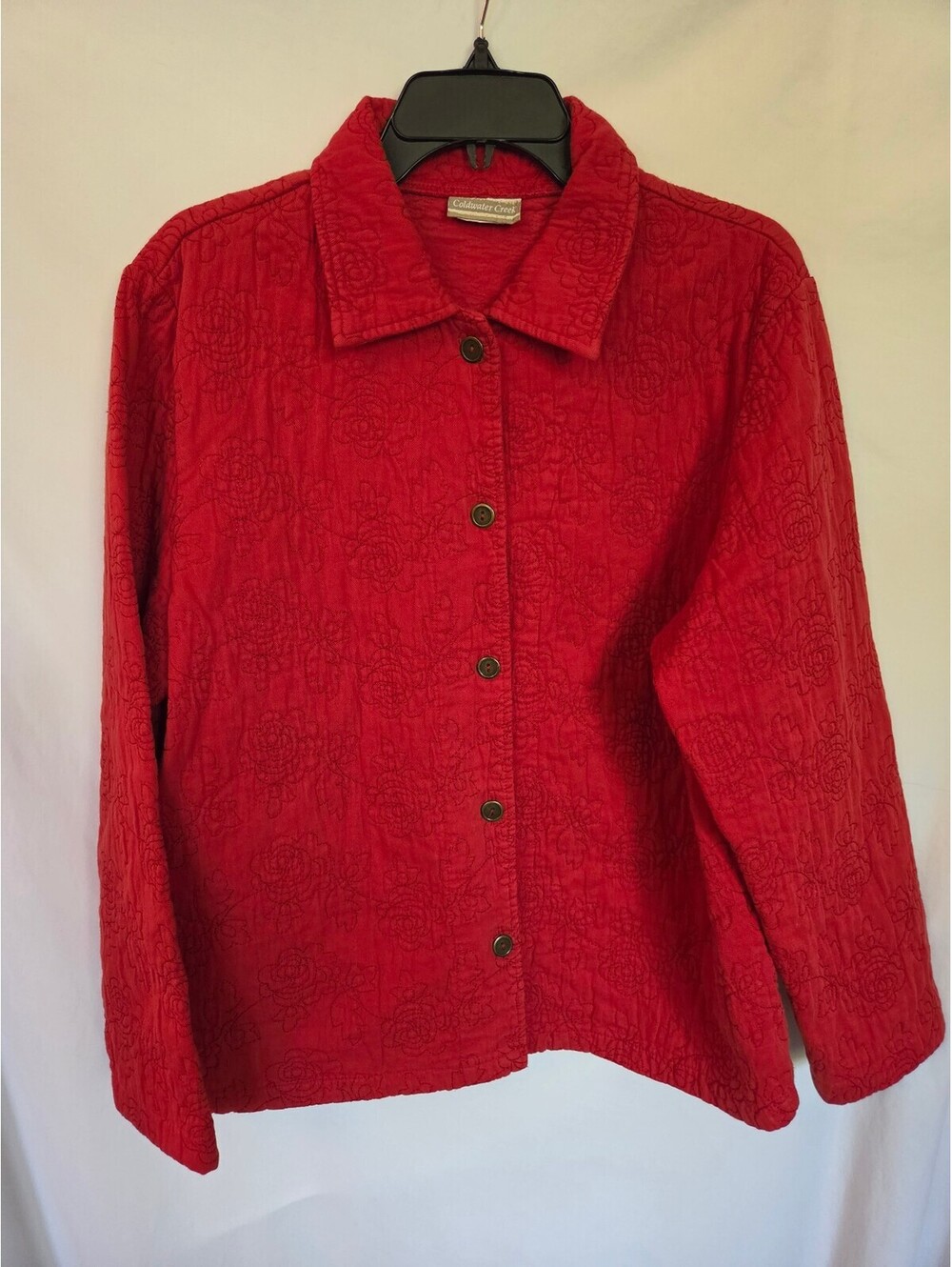 Coldwater Creek Red Floral Embroidered Jacket Womens Button Front Cottagecore